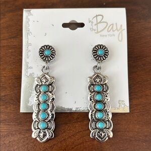 By The Bay NY Concho Dangle,faux turquoise stones,silvertone embossed,post